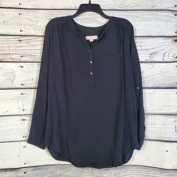 Ann Taylor LOFT Women’s Black Rayon Henley Blouse Size L Roll Tab Long Sleeve To - Picture 1 of 5